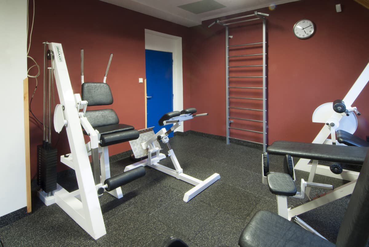 Eine Hantelbank und Klimmzugstange mit Holzvertäfelung.