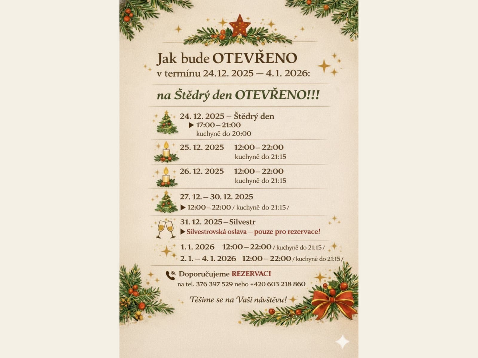 Jak bude otevřeno 24.12.2025 - 4.1.2026?