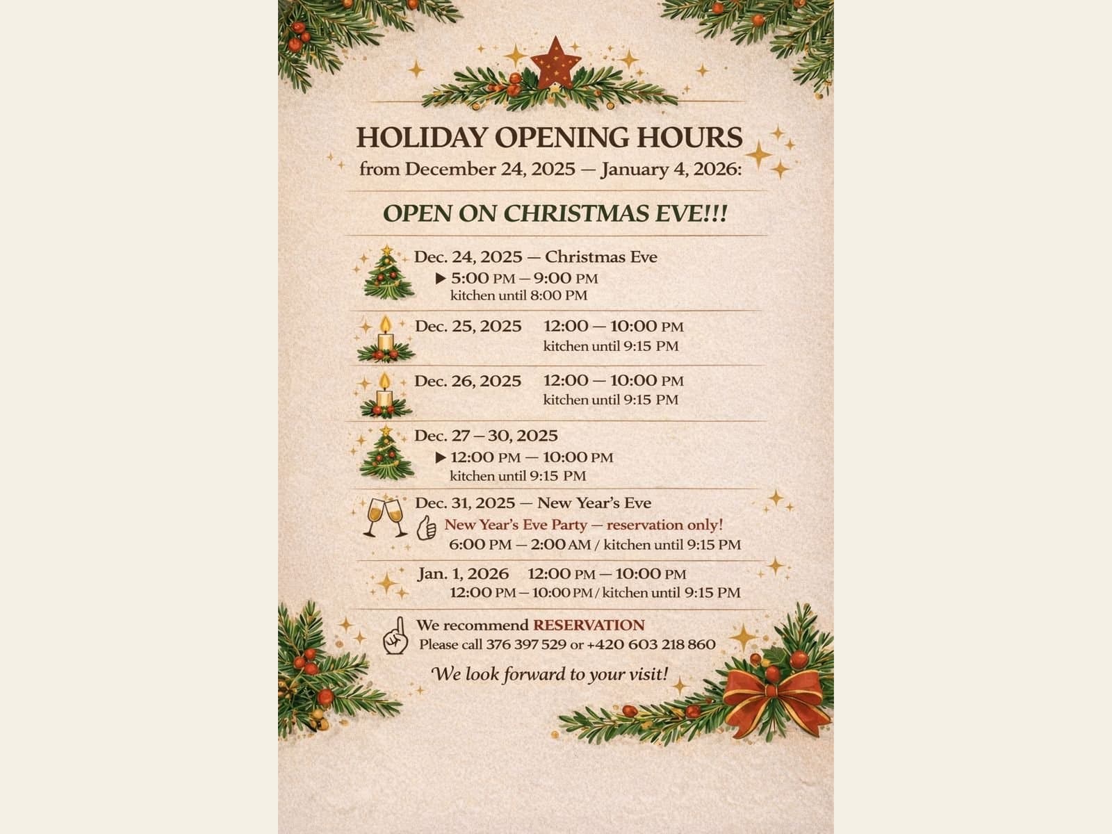 Jak bude otevřeno 24.12.2025 - 4.1.2026?