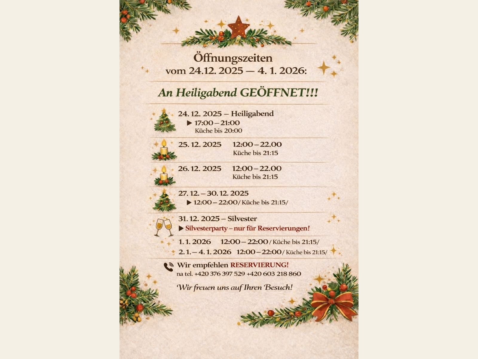 Jak bude otevřeno 24.12.2025 - 4.1.2026?